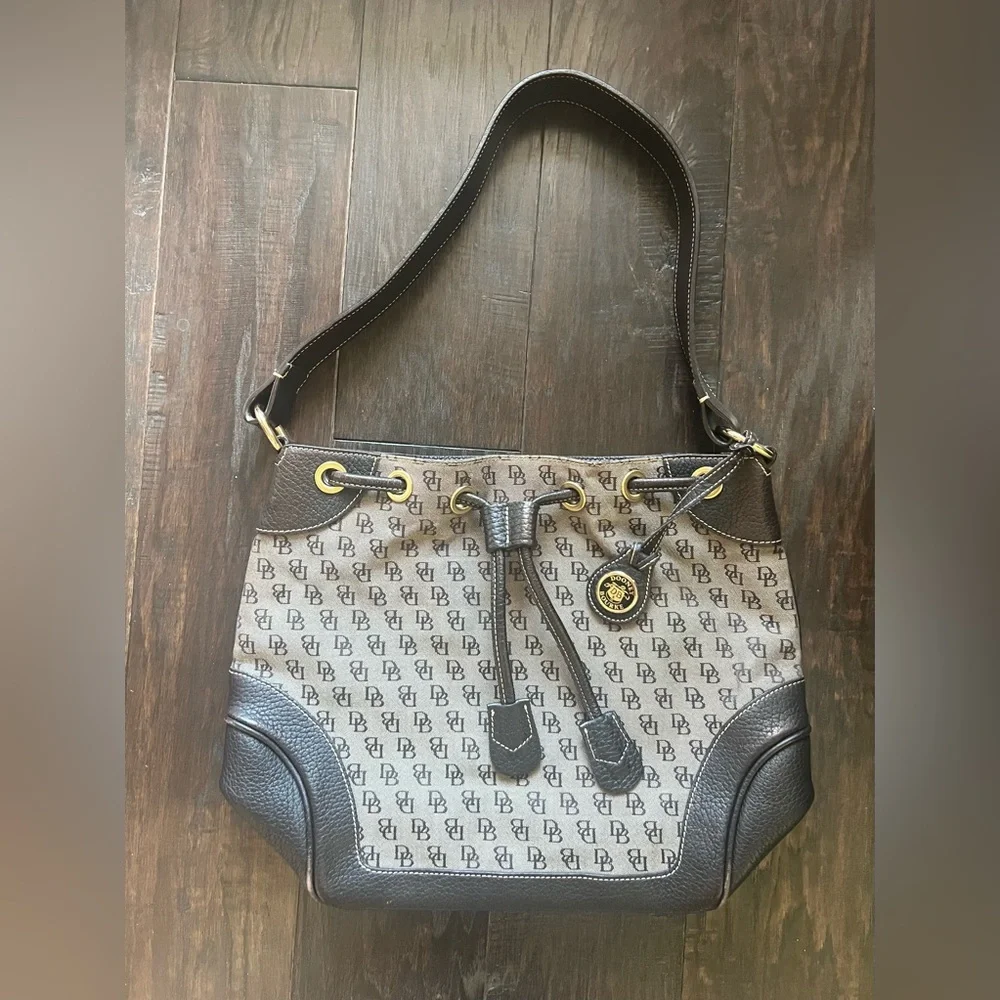 Vintage Dooney & Bourke Monogram Drawstring Bucket Bag Brown